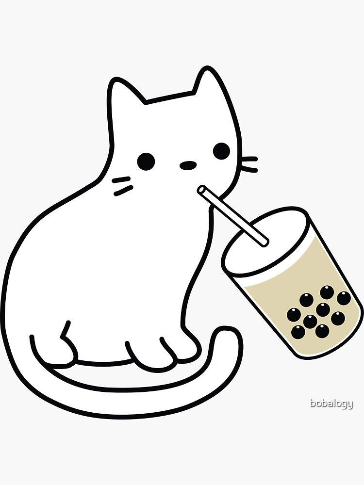 White Kawaii Kitty Drinking Boba Tea Waterproof Sticker