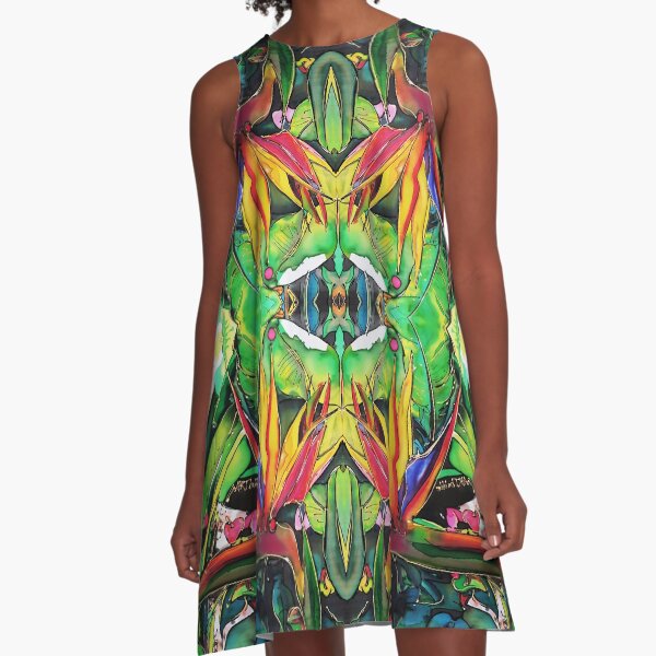 JUNGLE GREEN STRELITZIA PATTERN A-Line Dress