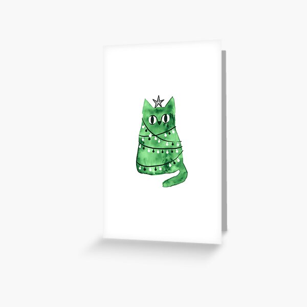 Merry Christmas and Happy New Year tree kitty cat with star and garland decoration. Greeting Card