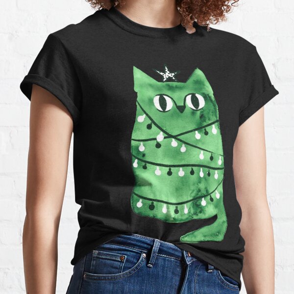 Merry Christmas and Happy New Year tree kitty cat with star and garland decoration. Classic T-Shirt