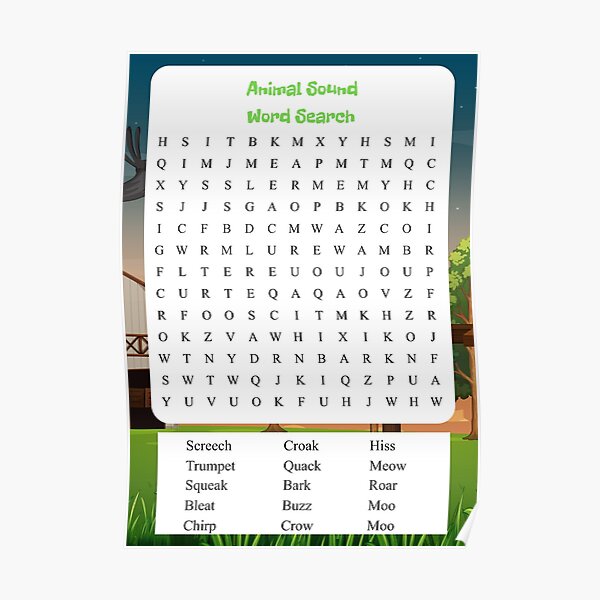 animal sound word search poster by sharkprintables redbubble