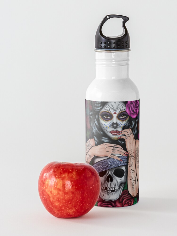Alternate view of sugar skull floral Tattoo girl day of the dead ( dia de los muertos) makes perfect gifts for any occasion Water Bottle