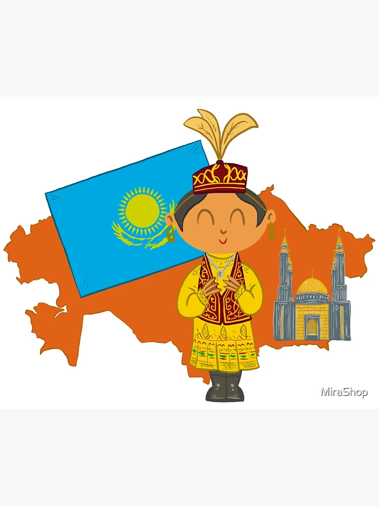 Kazakhstan with Map, Flag and girl with traditional clothes Poster