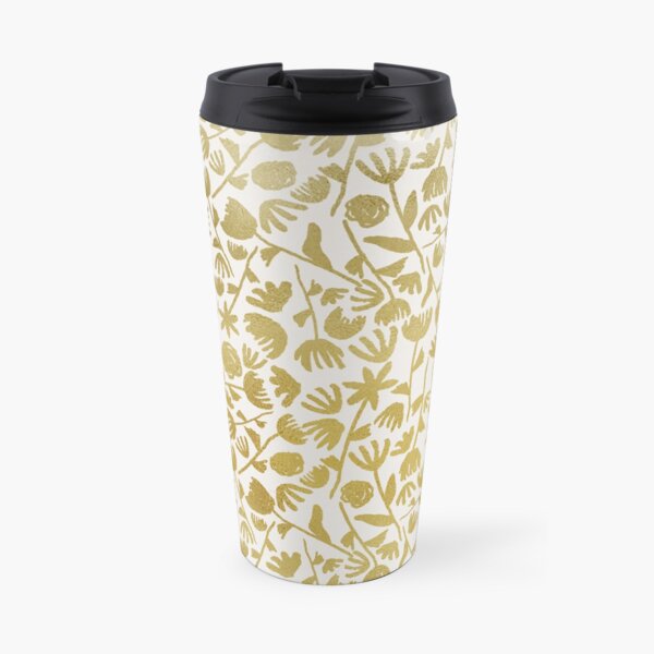 Gold Ink Flower Pattern Travel Mug