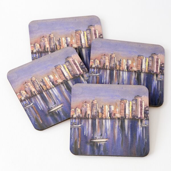 Item preview, Watercolor painting of boats and skyline of downtown Vancouver- British Columbia, Canada designed and sold by rfoxphoto.