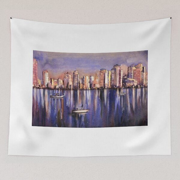 Item preview, Watercolor painting of boats and skyline of downtown Vancouver- British Columbia, Canada designed and sold by rfoxphoto.