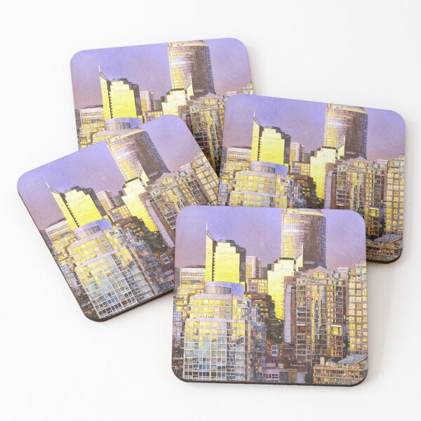 Item preview, Vancouver, BC skyline at sunset.  Watercolor painting of downtown Vancouver buildings at sunset- Canada designed and sold by rfoxphoto.