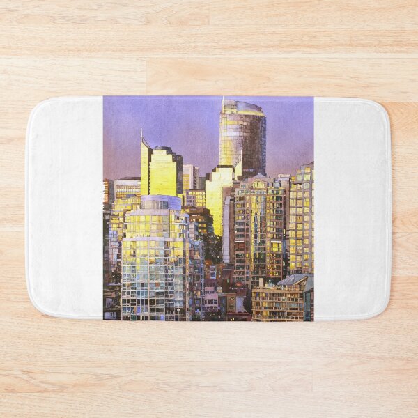 Item preview, Vancouver, BC skyline at sunset.  Watercolor painting of downtown Vancouver buildings at sunset- Canada designed and sold by rfoxphoto.