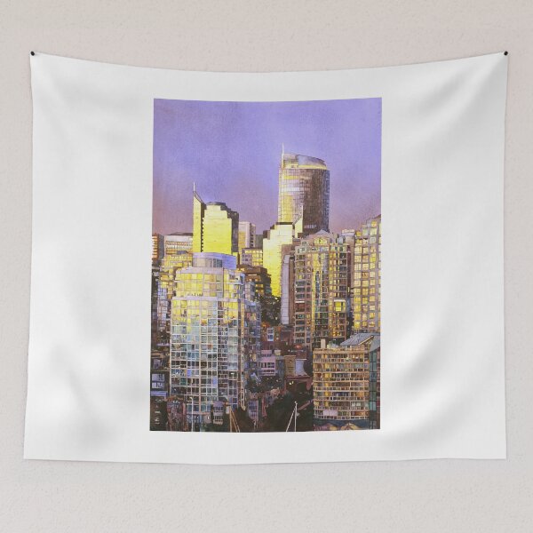 Item preview, Vancouver, BC skyline at sunset.  Watercolor painting of downtown Vancouver buildings at sunset- Canada designed and sold by rfoxphoto.