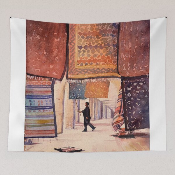 Item preview, Tunisian carpet vendor at Saharan town.  Watercolor painting of carpet vendor in Tunisia. designed and sold by rfoxphoto.