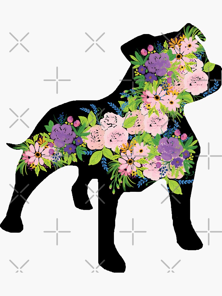Floral Staffordshire Bull Terrier with black background by tribbledesign
