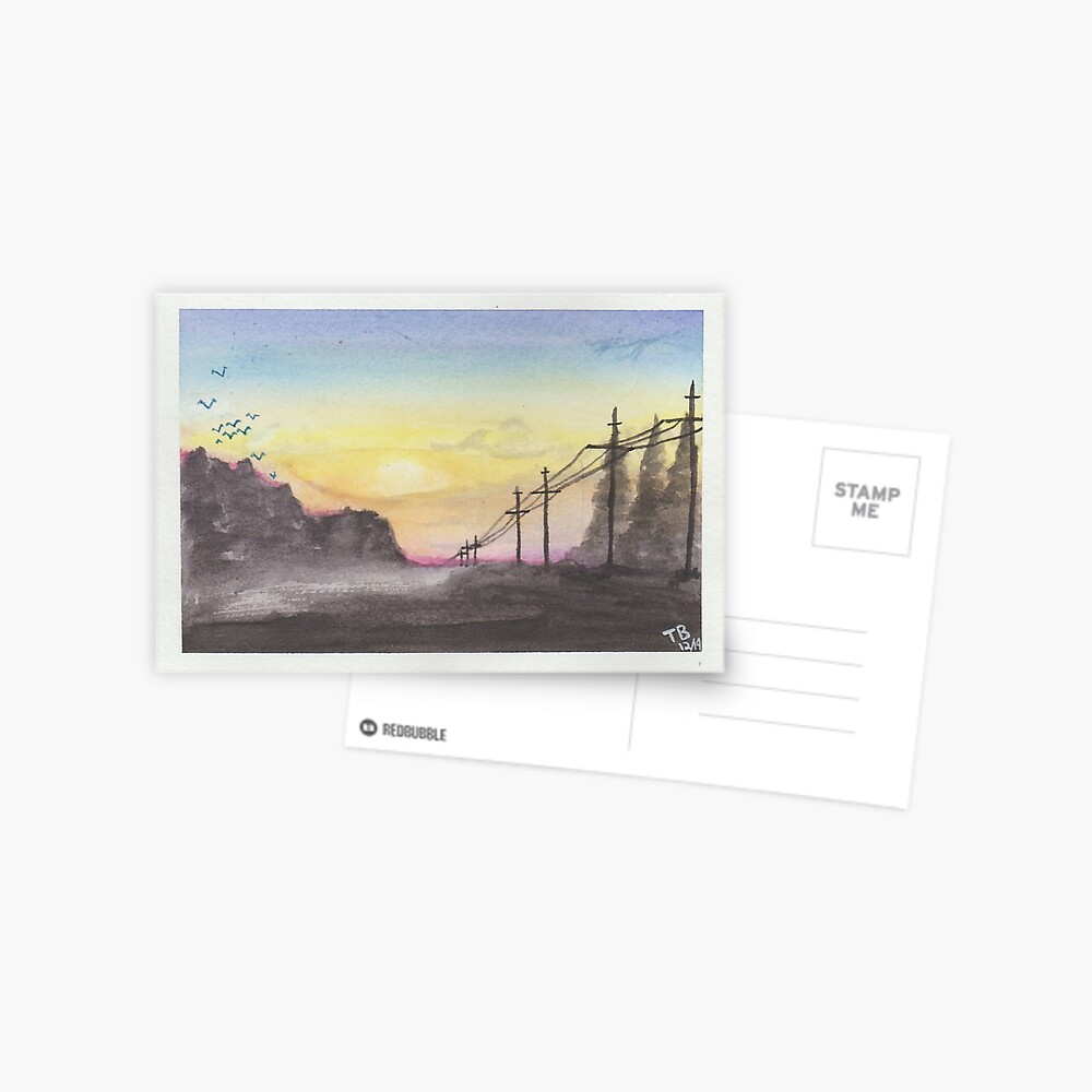 Watercolor Powerline Sunset