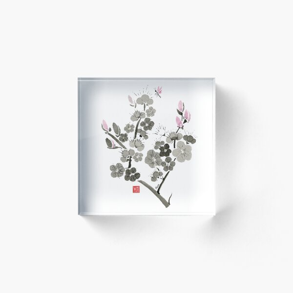 Cherry Blossoms Watercolor Sumi-e Painting Acrylic Block