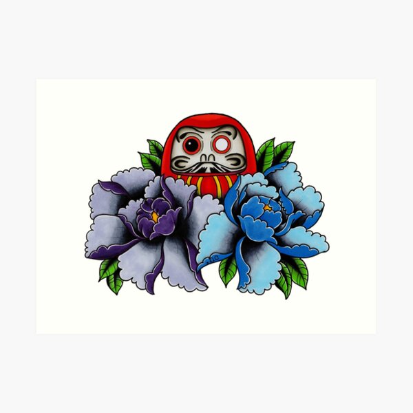 Daruma Doll Peony Flowers Tattoo Art Print