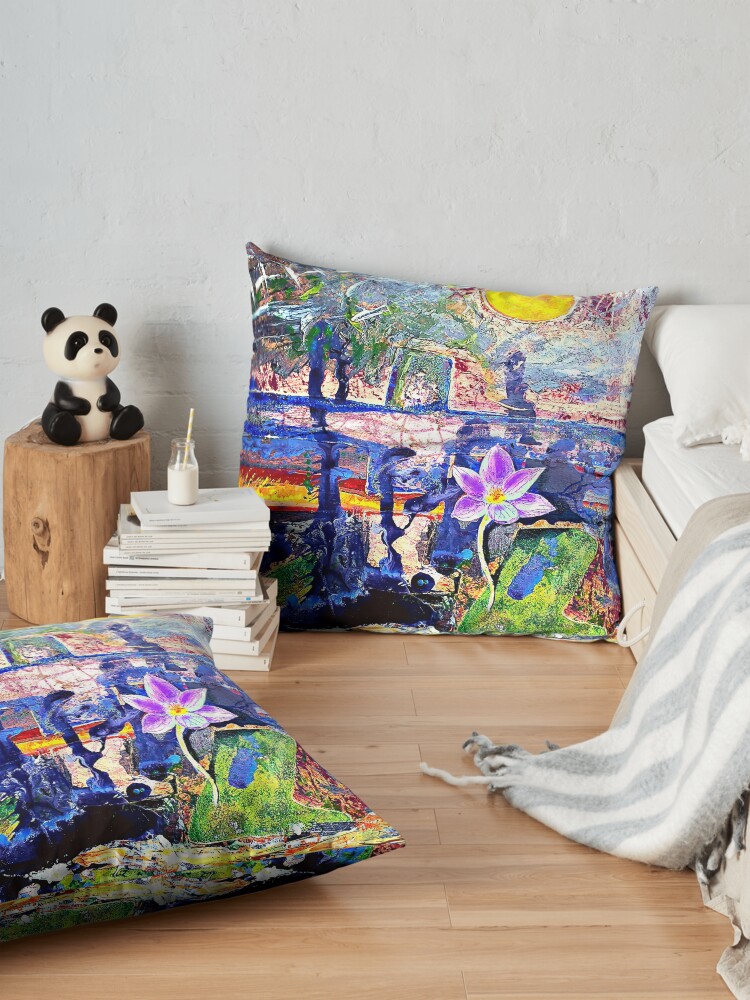 Alternate view of Flower Under a Darkening Sky. Original bright contemporary abstract acrylic artwork. Perfect gift for art lovers. Floor Pillow