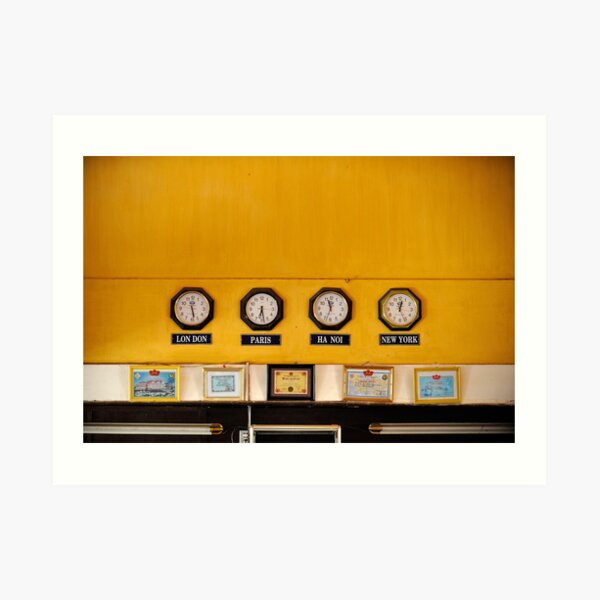 Clocks in Vietnamese train station for London, Paris, Hanoi and New York Art Print
