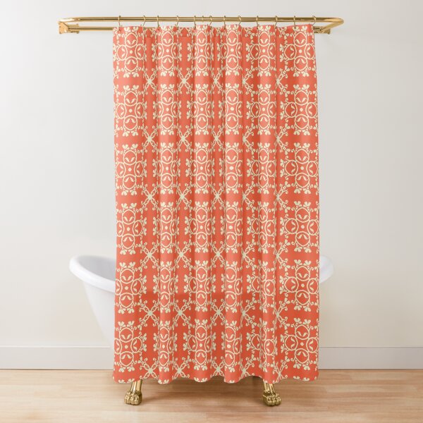 Damask White and Coral Ornate Arabesque Pattern Shower Curtain