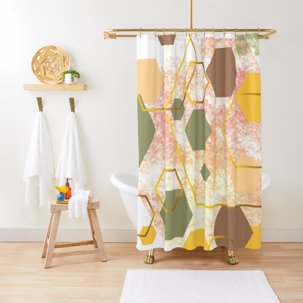 "Green, olive, yellow, dusty pink, pink, brown and gold geometric hexagons " Shower Curtain by