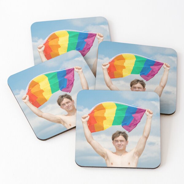 Item preview, A shirtless young man holding the Pride flag designed and sold by Ben Gingell.