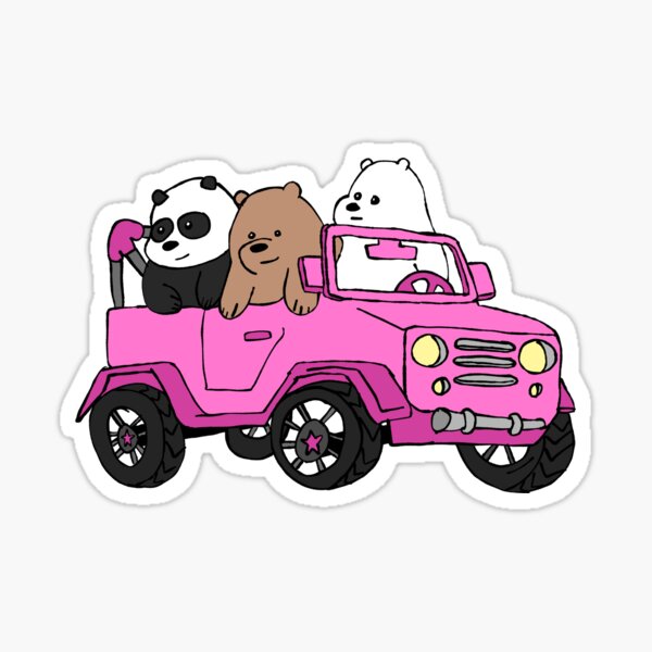 Baby Panda, Baby Grizzly, and Baby Ice Bear in Pink Toy Car - We Bare Bears Sticker