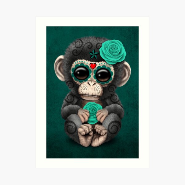 Teal Blue Day of the Dead Sugar Skull Baby Chimp Art Print