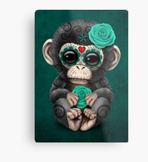 Teal Blue Day of the Dead Sugar Skull Baby Chimp Metal Print