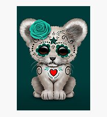 Teal Blue Day of the Dead Sugar Skull White Lion Cub Photographic Print