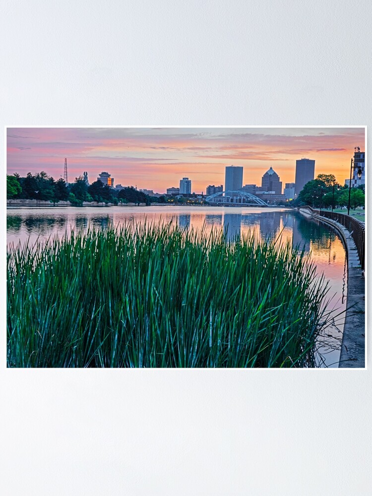"Rochester NY Skyline at Sunrise Rochester NY Genesee River Grass" Poster for Sale by