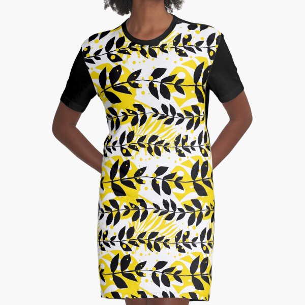 Illustration and pattern with leaves in black, white and yellow Graphic T-Shirt Dress