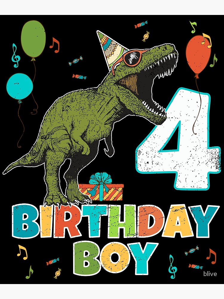 Para buscar refugio Fantasía Casco Tarjetas de felicitación «Fiesta de cumpleaños de niños de 4 años  Dinosaurio T Rex» de blive | Redbubble