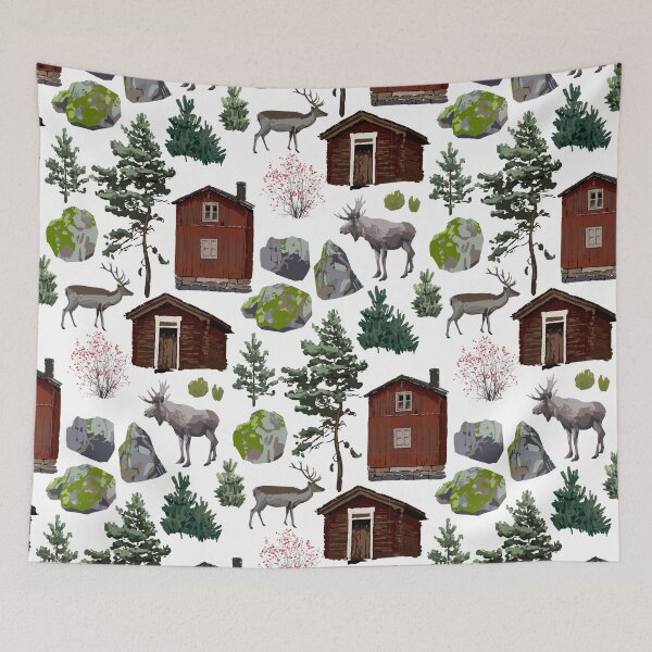Item preview, Collection of wooden houses, coniferous trees, reindeers, moose and stones. designed and sold by Ekaterina Glazkova.
