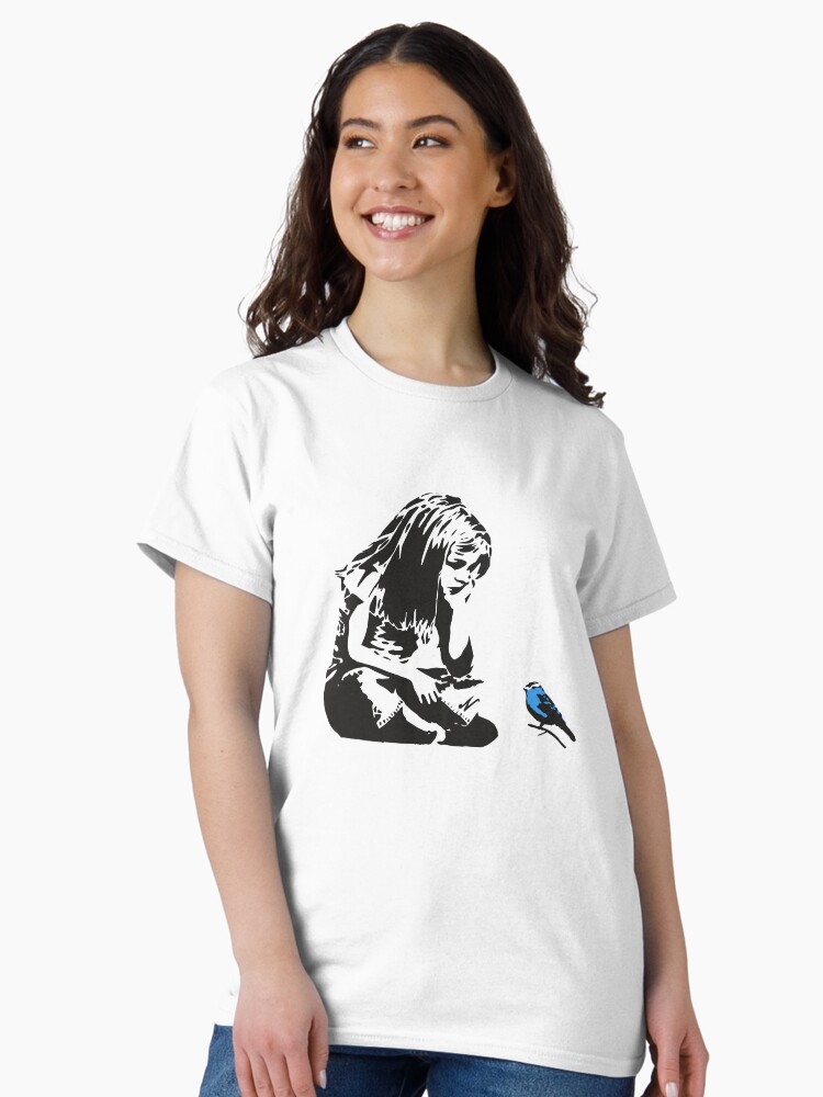 Thumbnail 2 of 7, Classic T-Shirt, Girl with Blue Bird - Banksy Graffiti - Hull city centre designed and sold by portokalis.