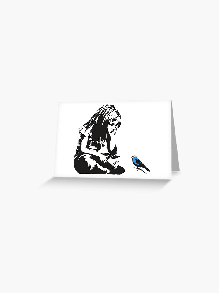 Thumbnail 1 of 2, Greeting Card, Girl with Blue Bird - Banksy Graffiti - Hull city centre designed and sold by portokalis.