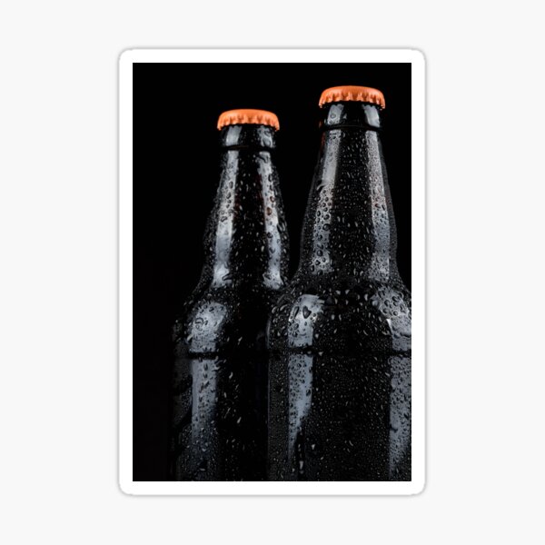 Bottles of beer with water droplets isolated on black background Sticker