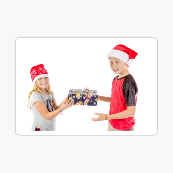 Siblings exchanging a christmas present Sticker