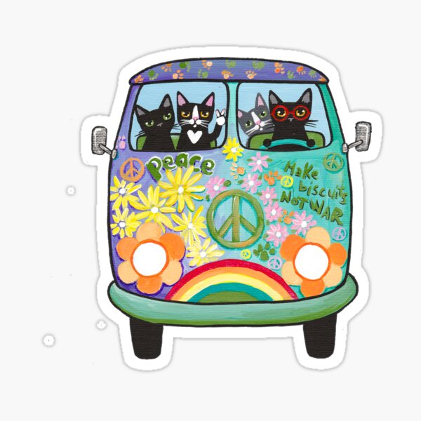 Paz y amor Hippie Road Trip Gatos Pegatina
