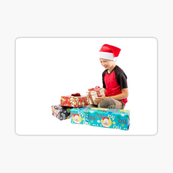Pre-teen boy with christmas gifts Sticker