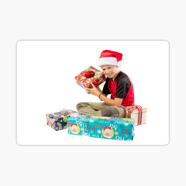 Pre-teen boy with christmas gifts Sticker