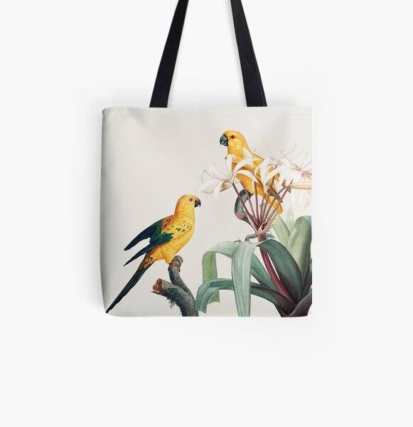 Yellow Tropical Parrots Naturalist Illustration All Over Print Tote Bag