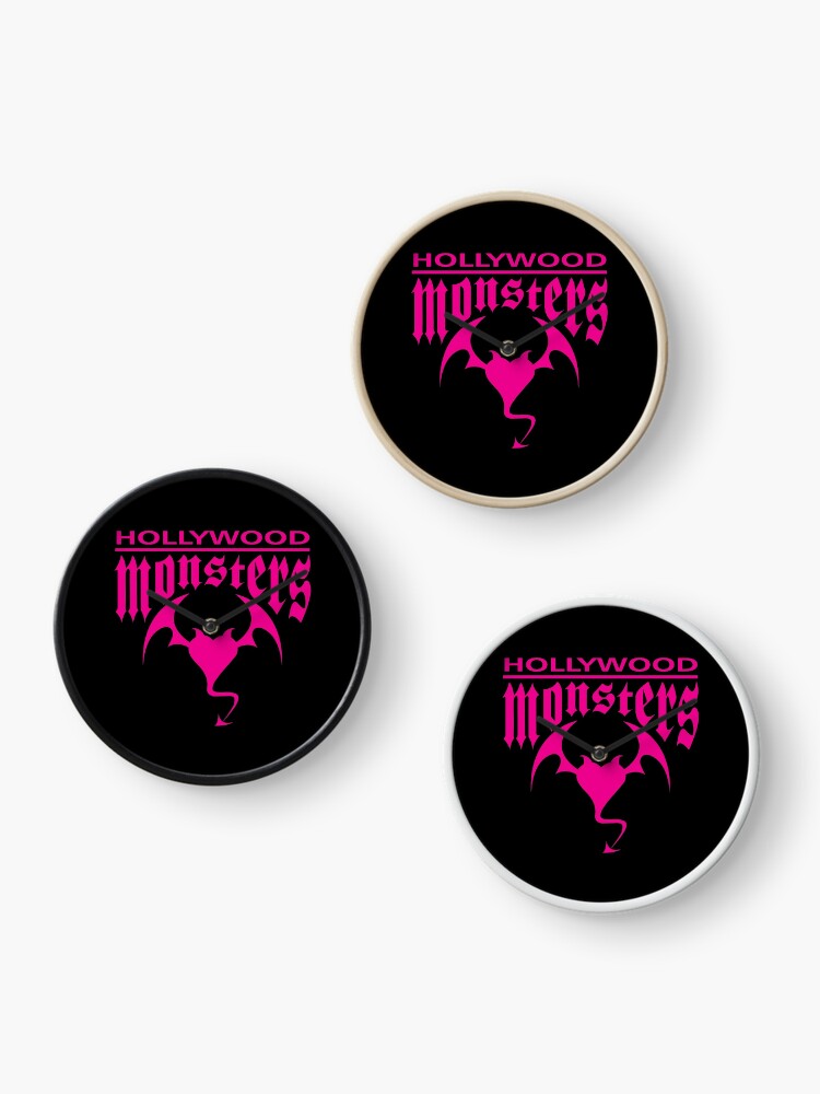 Clock, Hollywood Monsters Text Bat Logo - PINK PRINT designed and sold by bzyrq