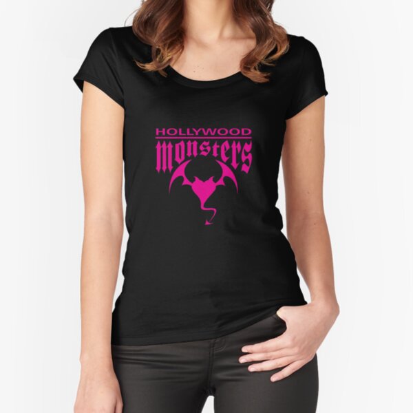 Hollywood Monsters Text Bat Logo - PINK PRINT Fitted Scoop T-Shirt