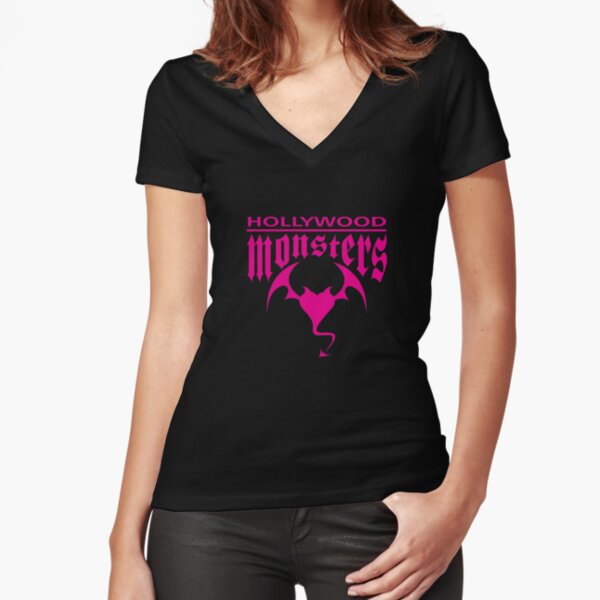 Hollywood Monsters Text Bat Logo - PINK PRINT Fitted V-Neck T-Shirt