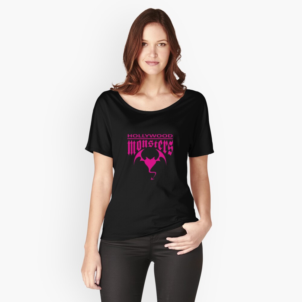 Hollywood Monsters Text Bat Logo - PINK PRINT Relaxed Fit T-Shirt