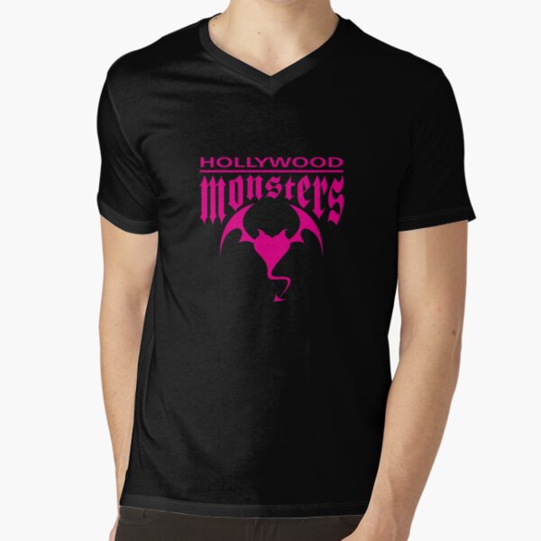 Hollywood Monsters Text Bat Logo - PINK PRINT V-Neck T-Shirt