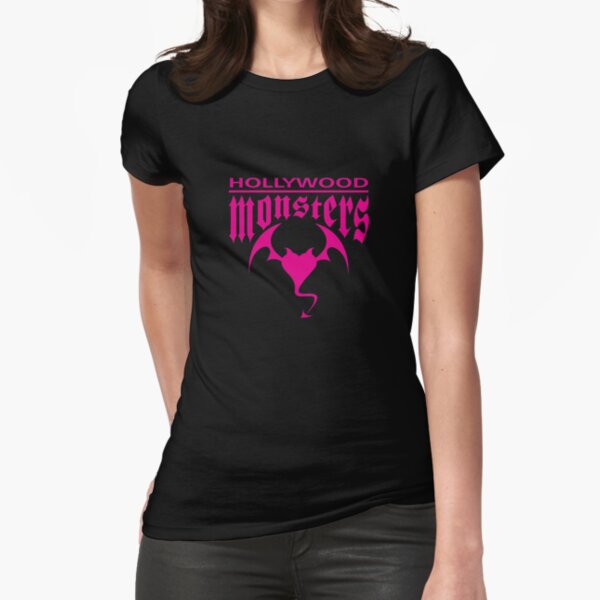 Hollywood Monsters Text Bat Logo - PINK PRINT Fitted T-Shirt