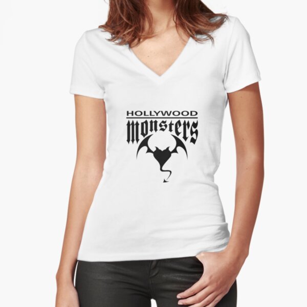 Hollywood Monsters Text Bat Logo - BLACK PRINT Fitted V-Neck T-Shirt