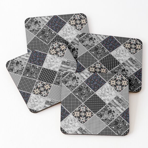 Item preview,  Black white patchwork, patchwork, black and white, folk, rustic, retro, sixties, geometric, abstract, patches, patches, elegant, patchwork textiles, textile, plaid designed and sold by fuzzyfox.