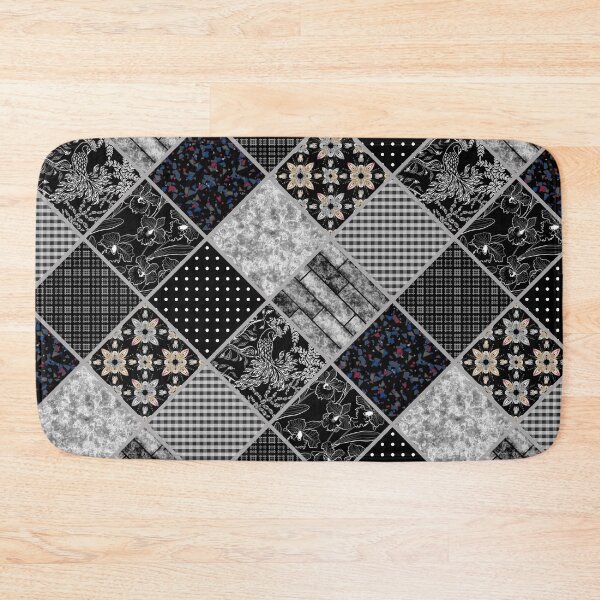 Item preview,  Black white patchwork, patchwork, black and white, folk, rustic, retro, sixties, geometric, abstract, patches, patches, elegant, patchwork textiles, textile, plaid designed and sold by fuzzyfox.