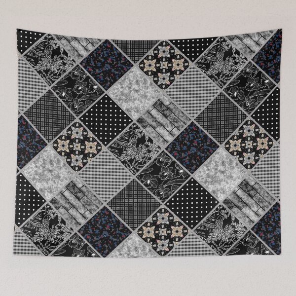 Item preview,  Black white patchwork, patchwork, black and white, folk, rustic, retro, sixties, geometric, abstract, patches, patches, elegant, patchwork textiles, textile, plaid designed and sold by fuzzyfox.