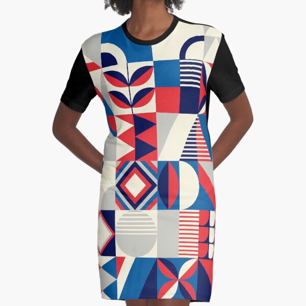 Abstract Flower Pattern Red Blue White Graphic T-Shirt Dress